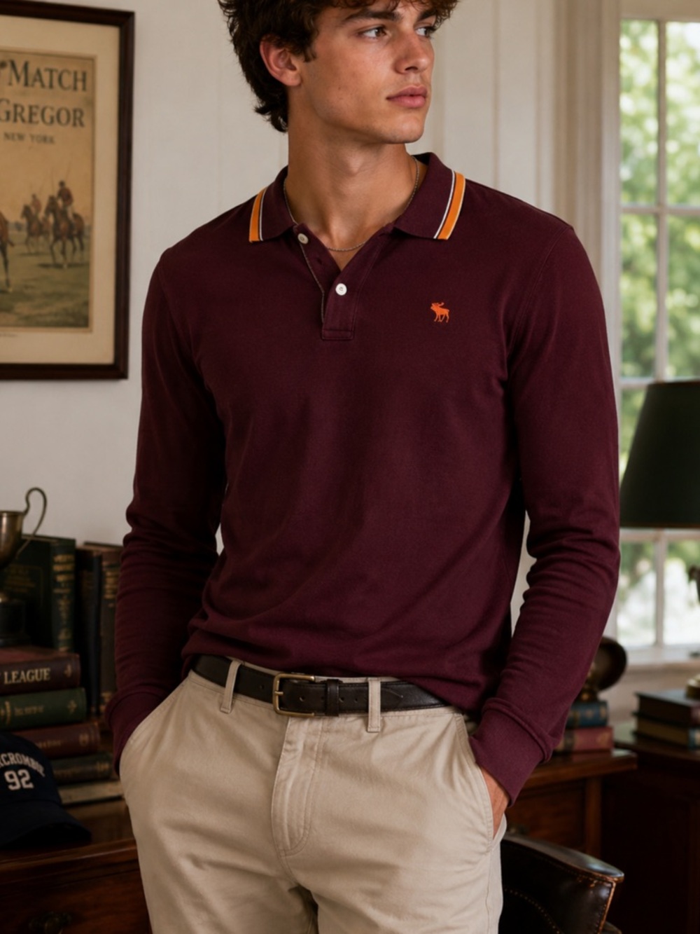 Vintage Y2K Abercrombie & Fitch Burgundy Long‎ Sleeve Polo Shirt L Moose Preppy